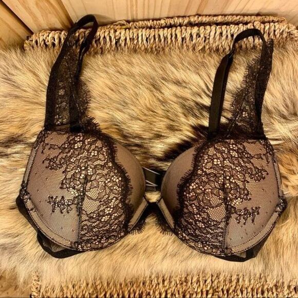 Victorias Secret Very Sexy Lace Push-up Bra Black Lace Overlay Nude Tan Size 32C - Picture 2 of 9